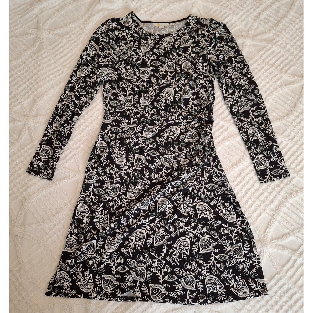 Boden Women US 4 Long Jersey Dress Black White Floral Long Sleeve Ruched Side - Picture 1 of 11